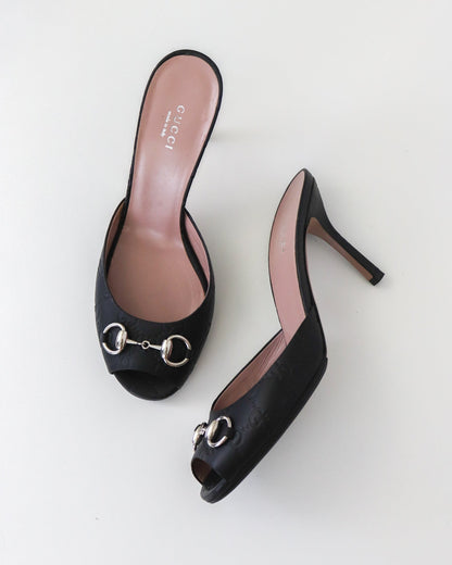 Vintage 2000s Gucci GG Monogram Black Guccissima Mules Horsebit Detail / 38.5 (US 8.5)