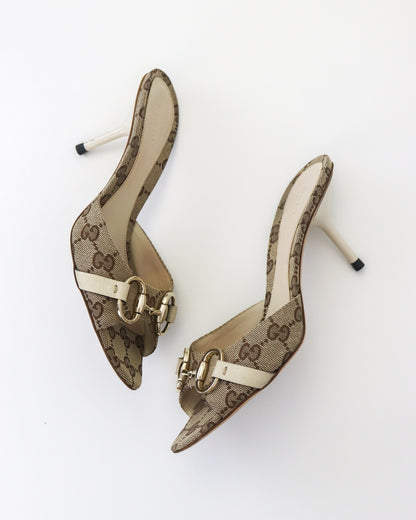 Vintage 2000s Gucci GG Monogram Canvas Mule Heels Horsebit Detail / 36 (US 6)