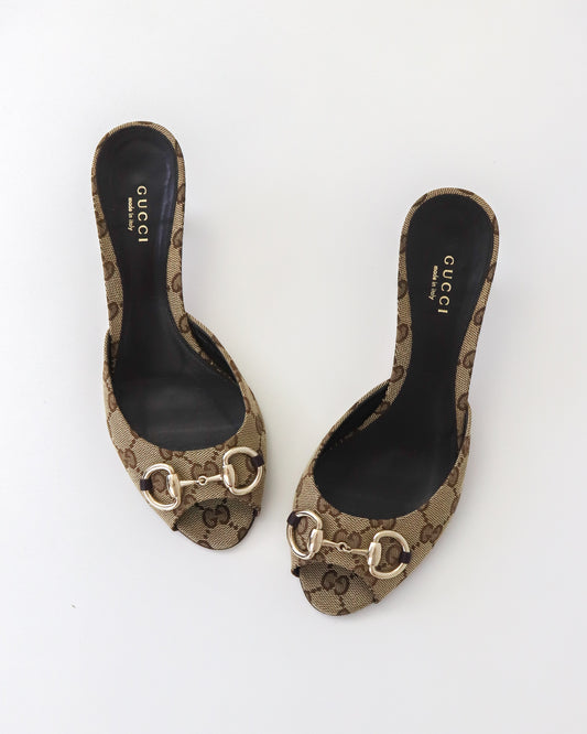 Vintage 2000s Gucci GG Monogram Kitten Heel Mules Horsebit Detail / 36.5 (US 6.5)