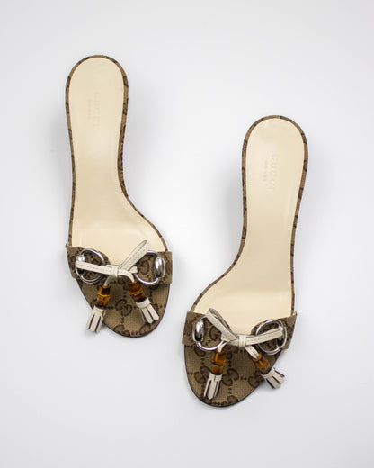 Vintage 2000s Gucci Monogram Canvas Bamboo Horsebit Detail Kitten Heel Mules / 37.5 (US 7.5)