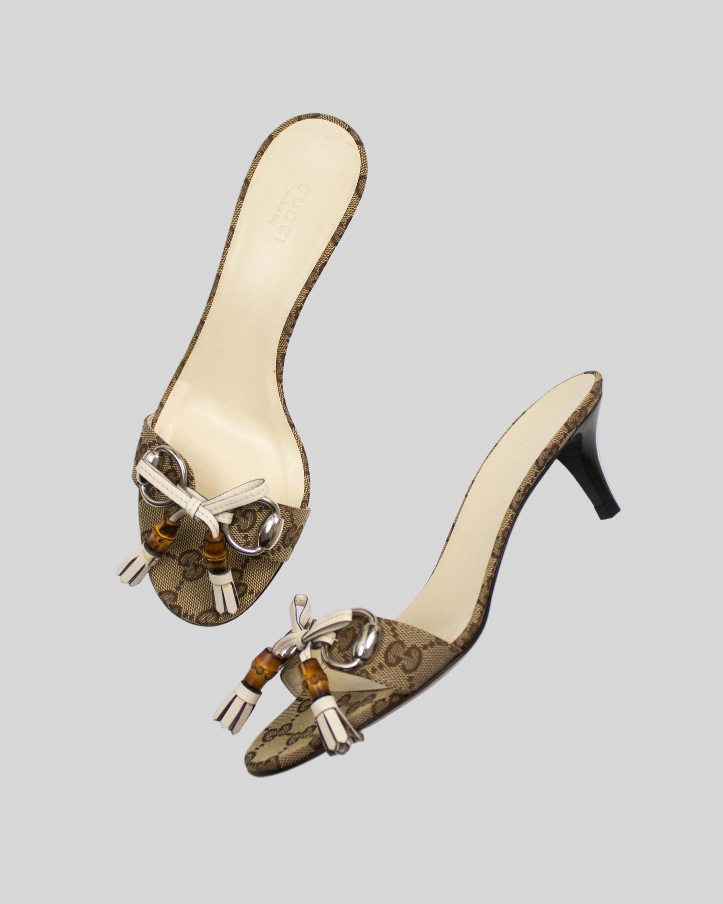 Vintage 2000s Gucci Monogram Canvas Bamboo Horsebit Detail Kitten Heel Mules / 37.5 (US 7.5)
