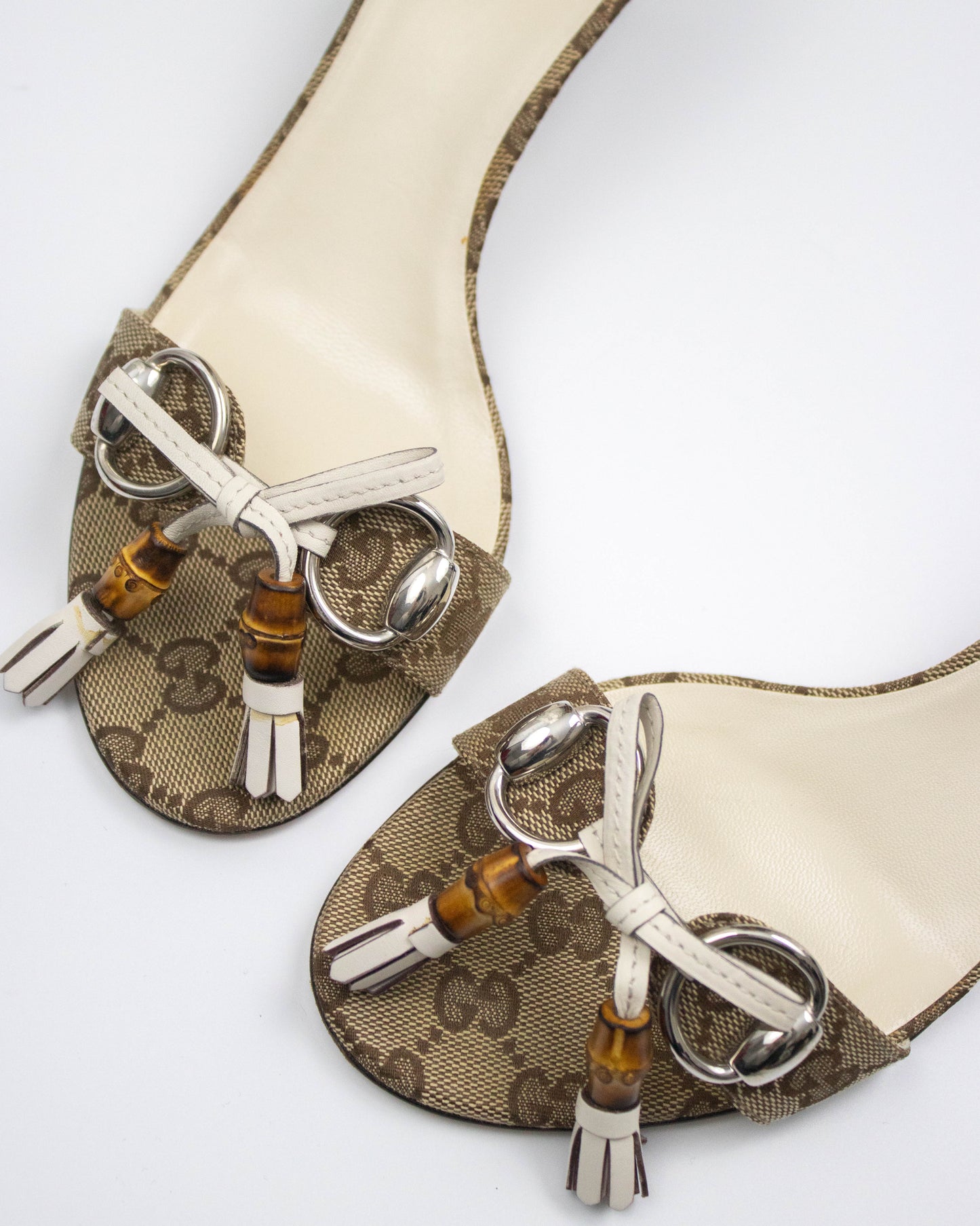 Vintage 2000s Gucci Monogram Canvas Bamboo Horsebit Detail Kitten Heel Mules / 37.5 (US 7.5)