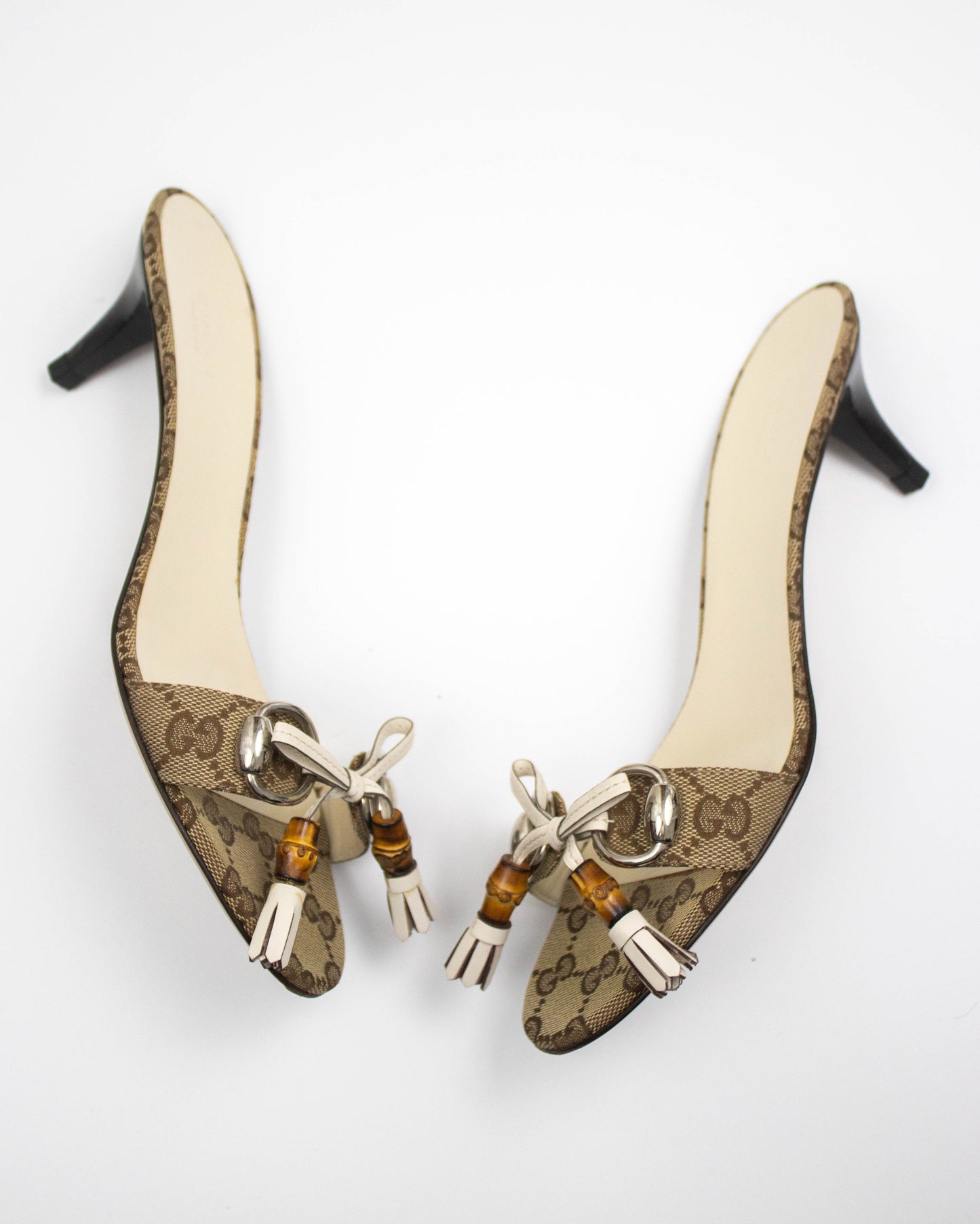 Vintage 2000s Gucci Monogram Canvas Bamboo Horsebit Detail Kitten Heel Mules / 37.5 (US 7.5)