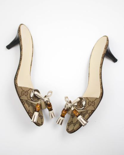 Vintage 2000s Gucci Monogram Canvas Bamboo Horsebit Detail Kitten Heel Mules / 37.5 (US 7.5)