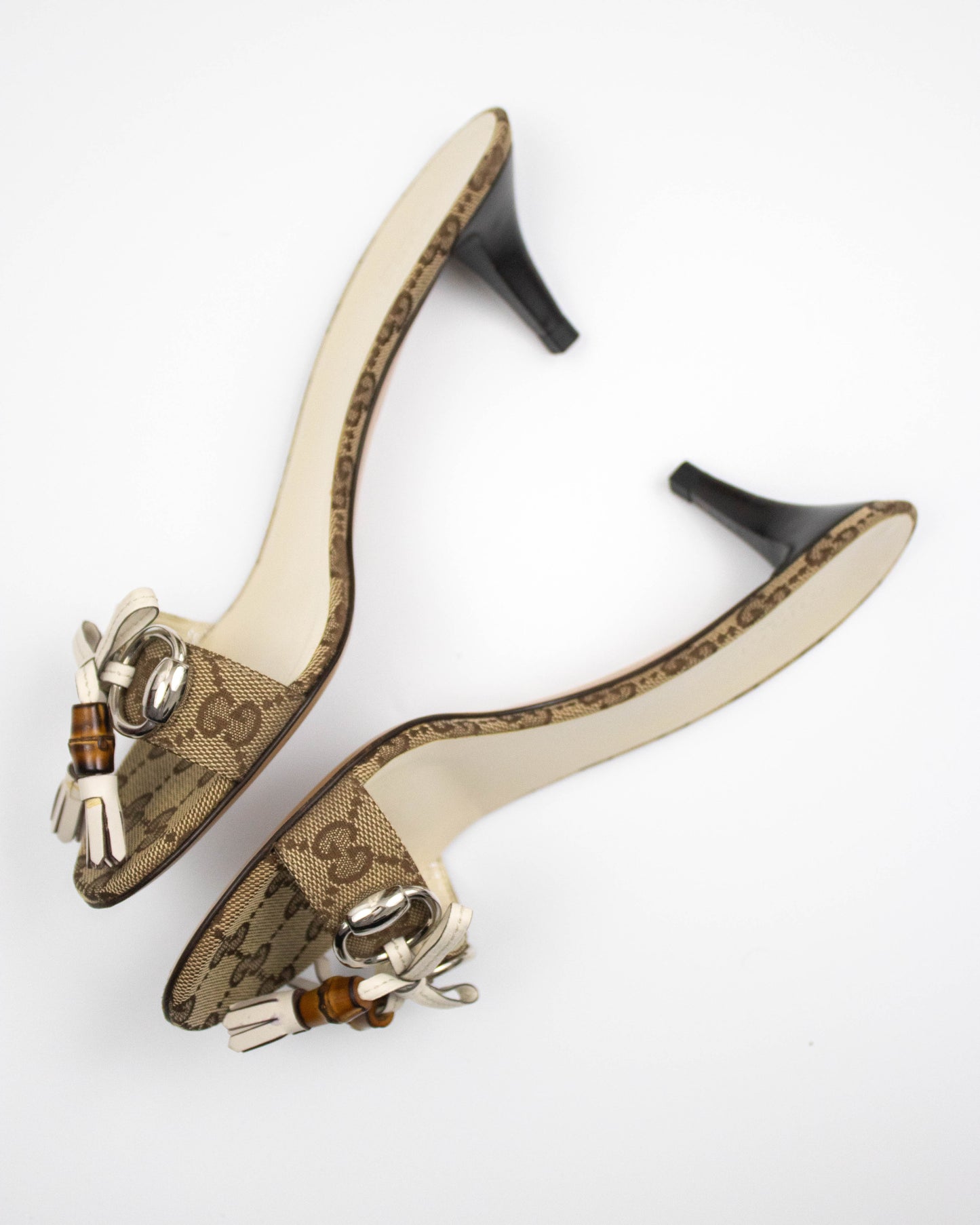 Vintage 2000s Gucci Monogram Canvas Bamboo Horsebit Detail Kitten Heel Mules / 37.5 (US 7.5)