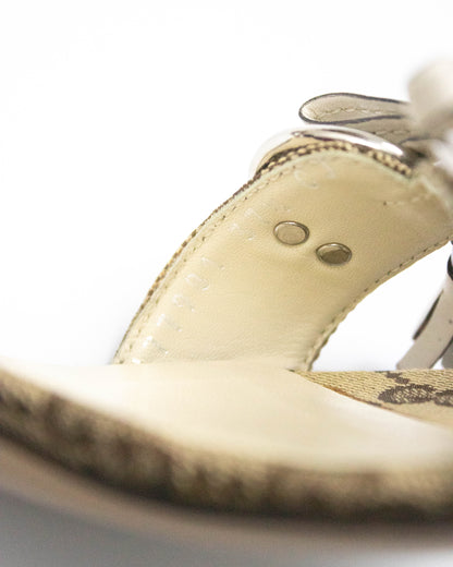 Vintage 2000s Gucci Monogram Canvas Bamboo Horsebit Detail Kitten Heel Mules / 37.5 (US 7.5)