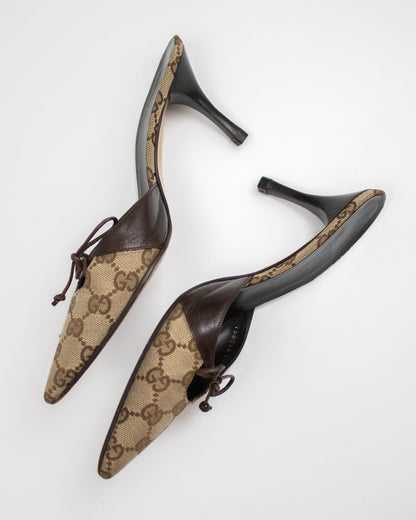 Vintage 2000s Gucci Monogram Canvas Bow Detail Mule Heels / 35.5 (US 5.5)