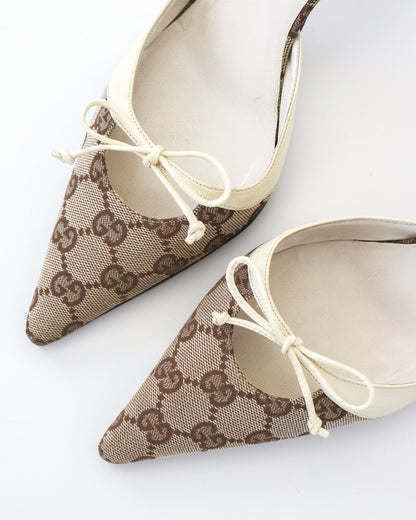 Vintage 2000s Gucci Monogram Canvas Bow Detail Mule Heels / 37.5 (US 7.5)