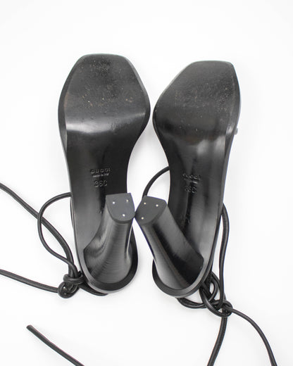 Vintage 2000s Gucci by Tom Ford Black Leather Ankle Wrap Heels / 36 (US 6)