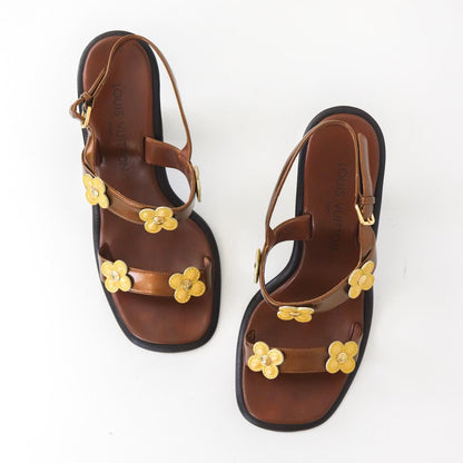 Vintage 2000s Louis Vuitton Brown Leather Flower Detail Sandals Block Heels / 38 (US 8)