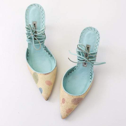 Vintage 2000s Manolo Blahnik Stingray Skin Turquoise Leather Lace Up Mules / 36 (US 6)