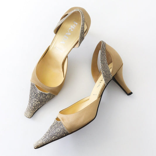 Vintage 2000s Prada Satin D'Orsay Lizard Trim Flared Heel Pumps / 39 (US 9)