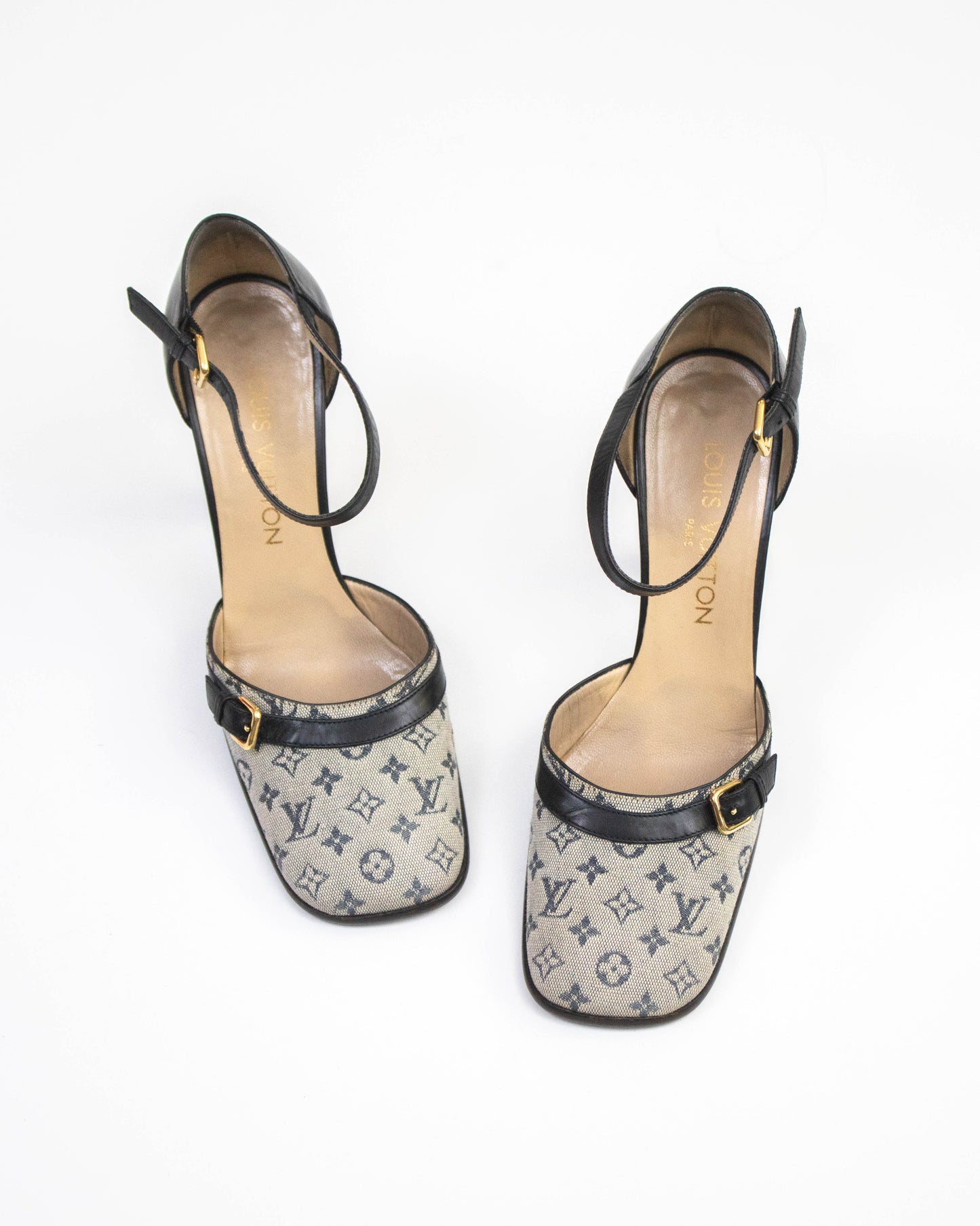 Vintage 2001 Louis Vuitton Navy Mini Lin Monogram Mary Jane Heels / 36.5 (US 6.5)