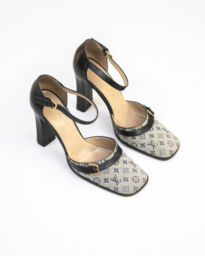 Vintage 2001 Louis Vuitton Navy Mini Lin Monogram Mary Jane Heels / 36.5 (US 6.5)