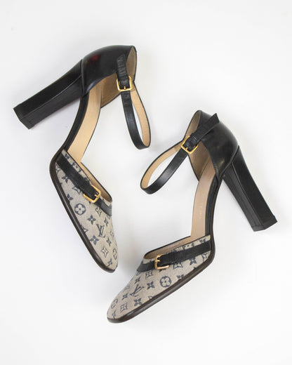 Vintage 2001 Louis Vuitton Navy Mini Lin Monogram Mary Jane Heels / 36.5 (US 6.5)
