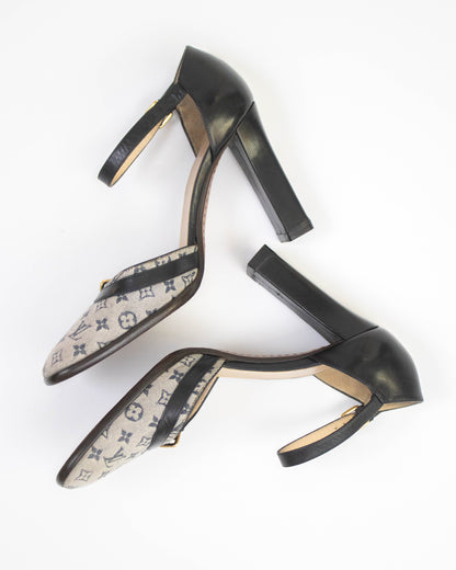 Vintage 2001 Louis Vuitton Navy Mini Lin Monogram Mary Jane Heels / 36.5 (US 6.5)