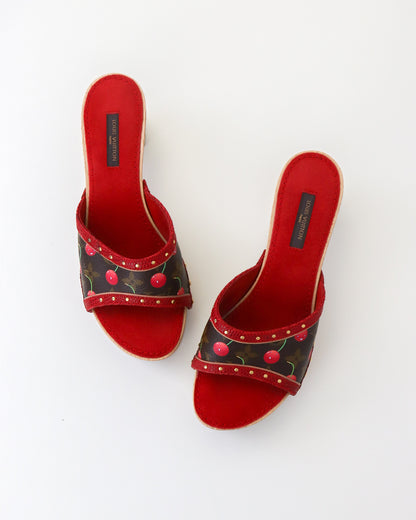 Vintage 2005 Louis Vuitton Takashi Murakami LV Monogram Cherry Wooden Clog Mules / 36.5 (US 6.5)