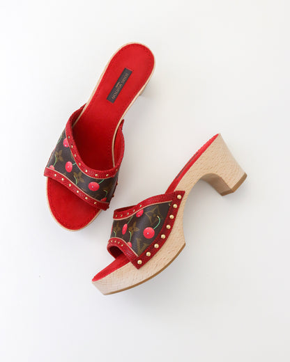 Vintage 2005 Louis Vuitton Takashi Murakami LV Monogram Cherry Wooden Clog Mules / 36.5 (US 6.5)