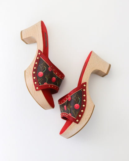 Vintage 2005 Louis Vuitton Takashi Murakami LV Monogram Cherry Wooden Clog Mules / 36.5 (US 6.5)