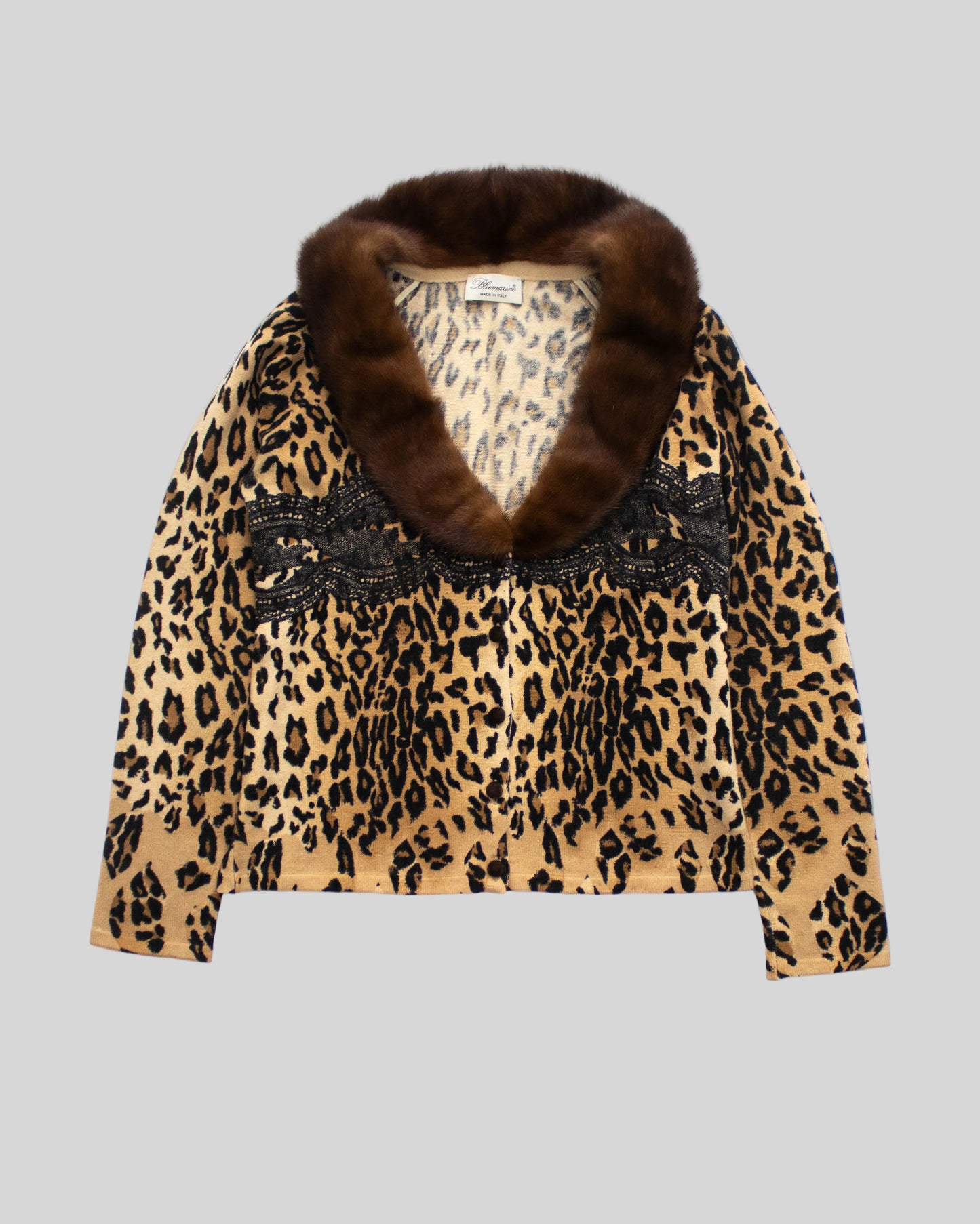 Vintage Blumarine F/W 1998 Leopard Lace Print Mink Fur Collar Cardigan / S