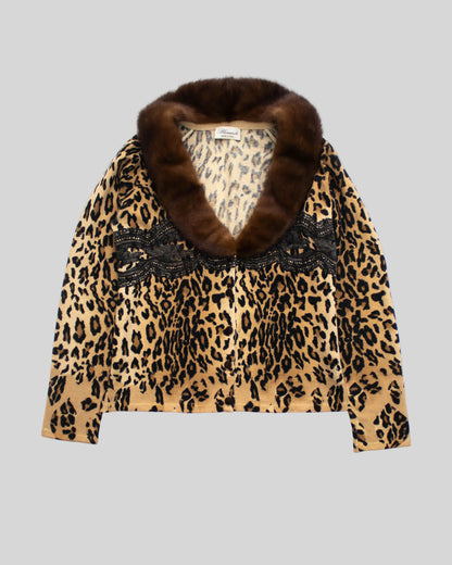 Vintage Blumarine F/W 1998 Leopard Lace Print Mink Fur Collar Cardigan / S