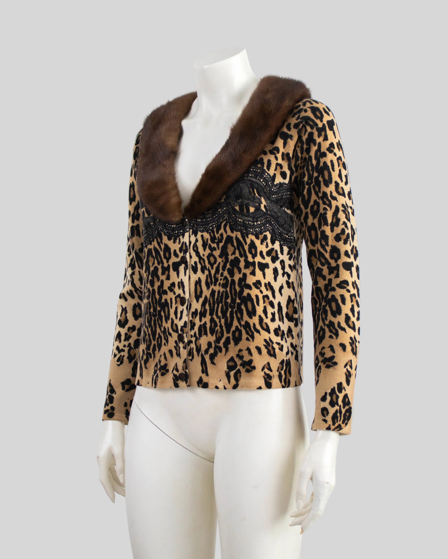 Vintage Blumarine F/W 1998 Leopard Lace Print Mink Fur Collar Cardigan / S