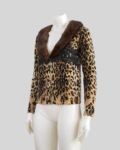 Vintage Blumarine F/W 1998 Leopard Lace Print Mink Fur Collar Cardigan / S