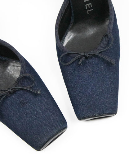 Pair of blue Chanel mules toes close-up view