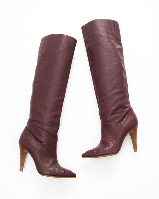 Vintage Chanel Burgundy Caviar Leather CC Logo Boots / 37 (US 7)