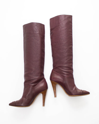 Vintage Chanel Burgundy Caviar Leather CC Logo Boots / 37 (US 7)
