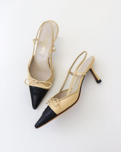 Vintage Chanel Iconic Tan Black Slingback CC Logo Bow Embellished Heels / 36.5 (US 6.5)