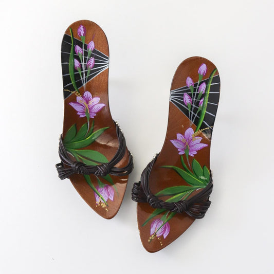 Vintage Christian Dior Galliano Era Flower Hand-painted Mules Leather Knot Heels / 36.5 (US 6.5)