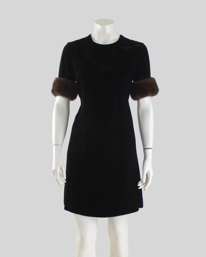 Vintage Early 1990s Blumarine by Anna Molinari Mink Fur Cuff Velvet Dress / S-M