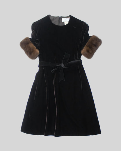 Vintage Early 1990s Blumarine by Anna Molinari Mink Fur Cuff Velvet Dress / S-M