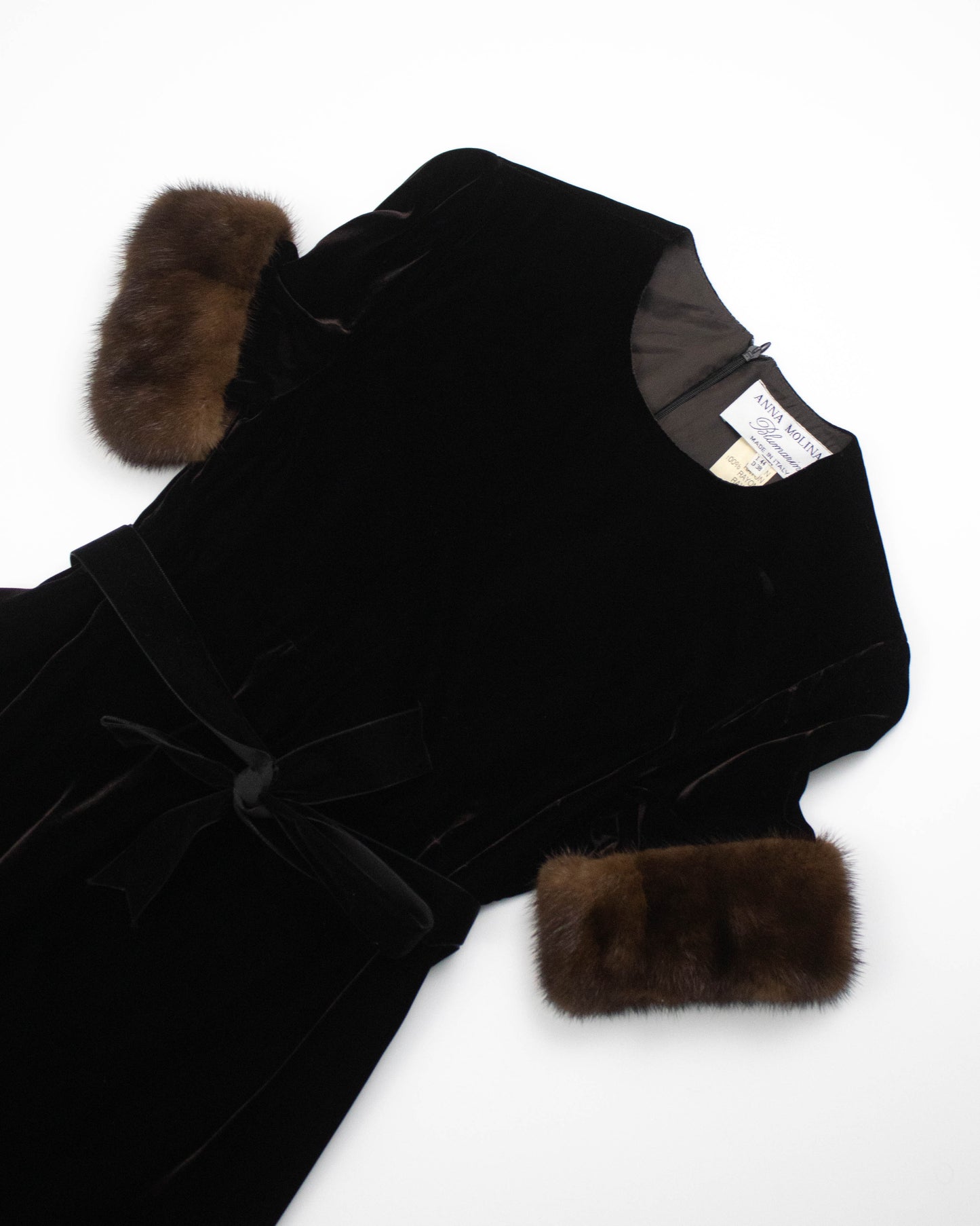 Vintage Early 1990s Blumarine by Anna Molinari Mink Fur Cuff Velvet Dress / S-M