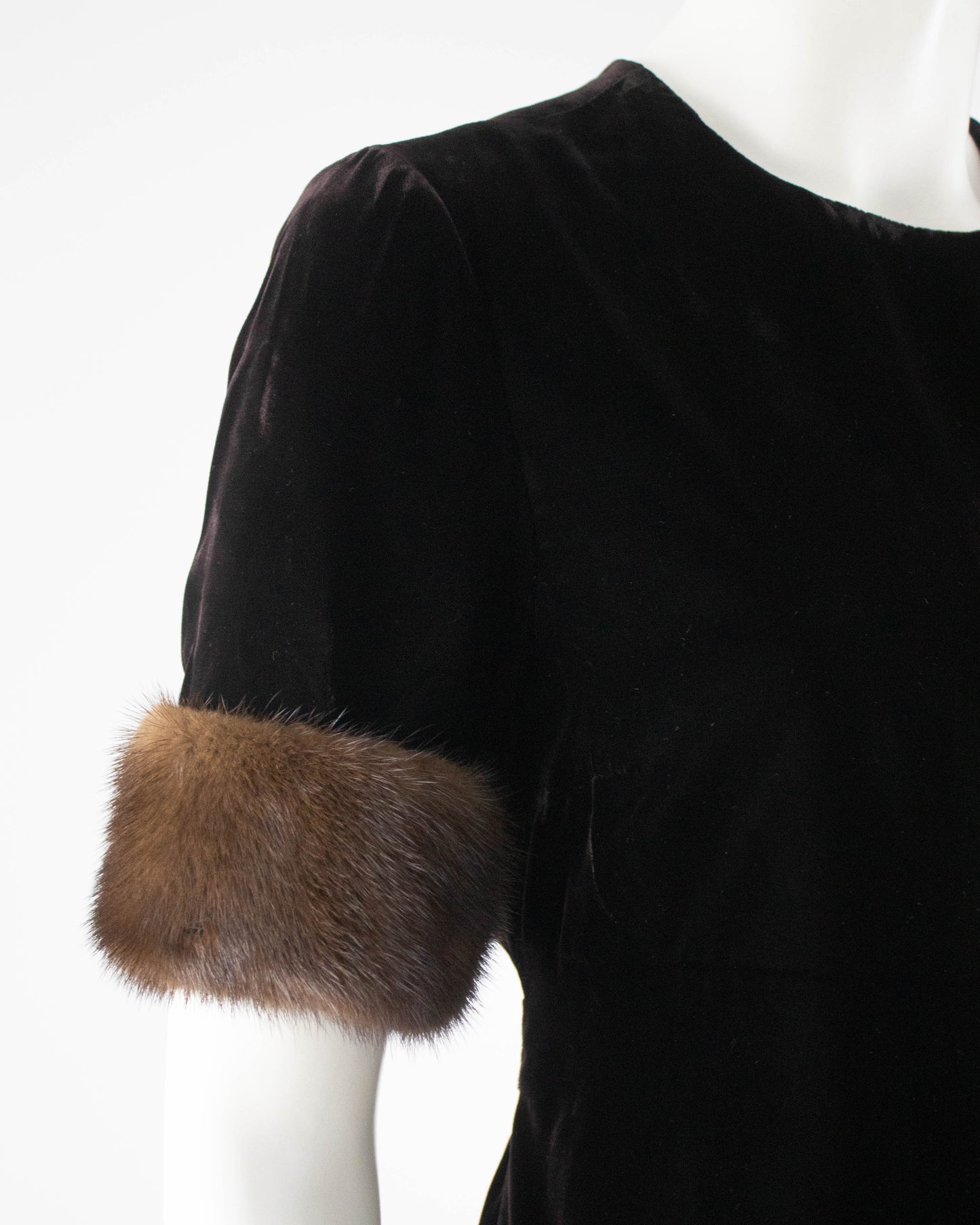 Vintage Early 1990s Blumarine by Anna Molinari Mink Fur Cuff Velvet Dress / S-M
