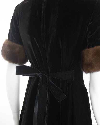 Vintage Early 1990s Blumarine by Anna Molinari Mink Fur Cuff Velvet Dress / S-M