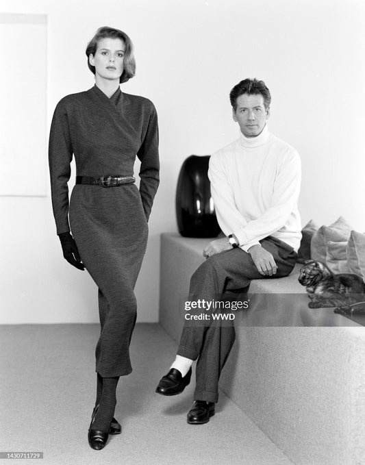 Josie Borain wearing Fall/Winter 1986 runway dress alonside designer Calvin Klein
