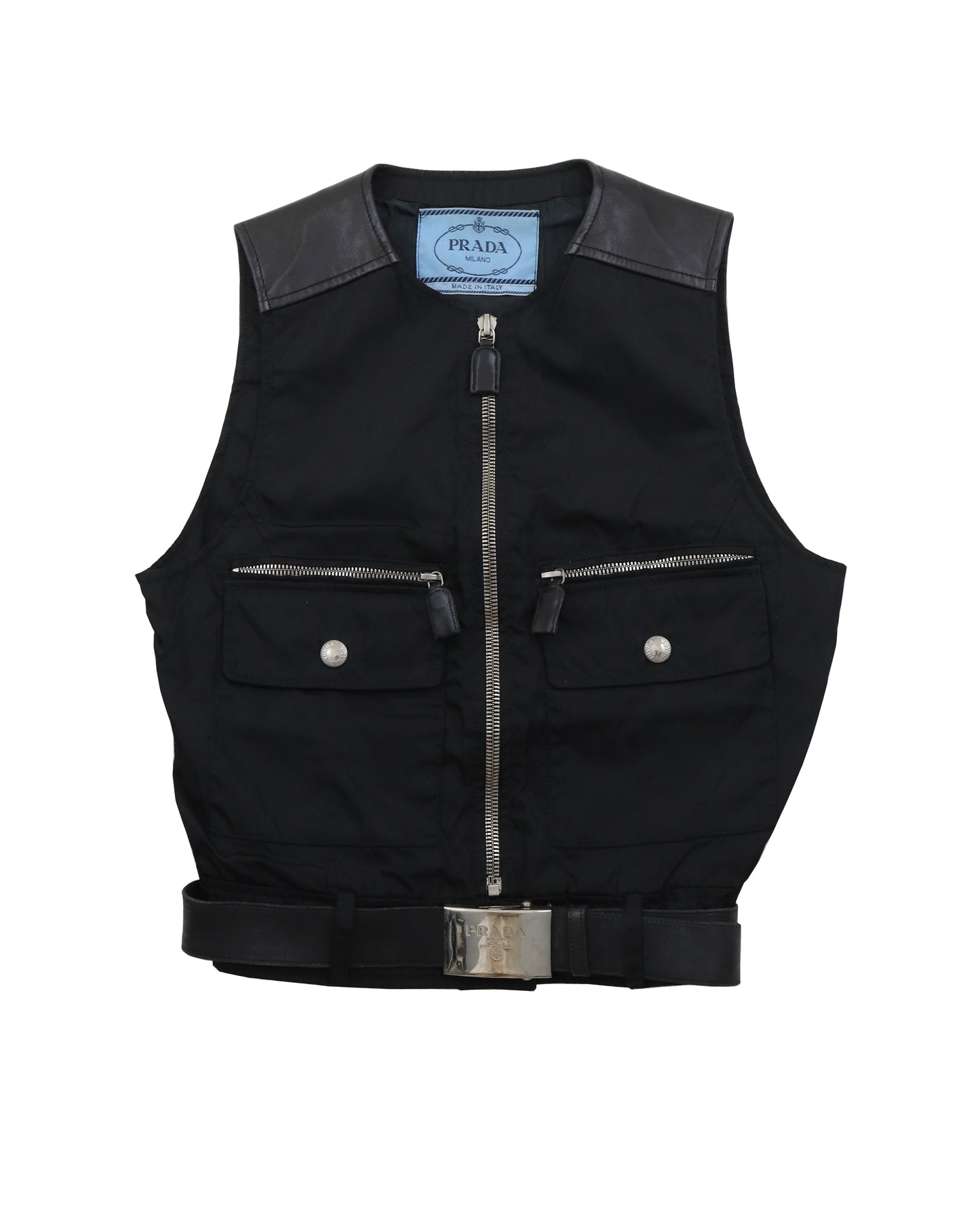 Vintage F/W 1994 Prada Leather Nylon Runway Cropped Belted Vest / M