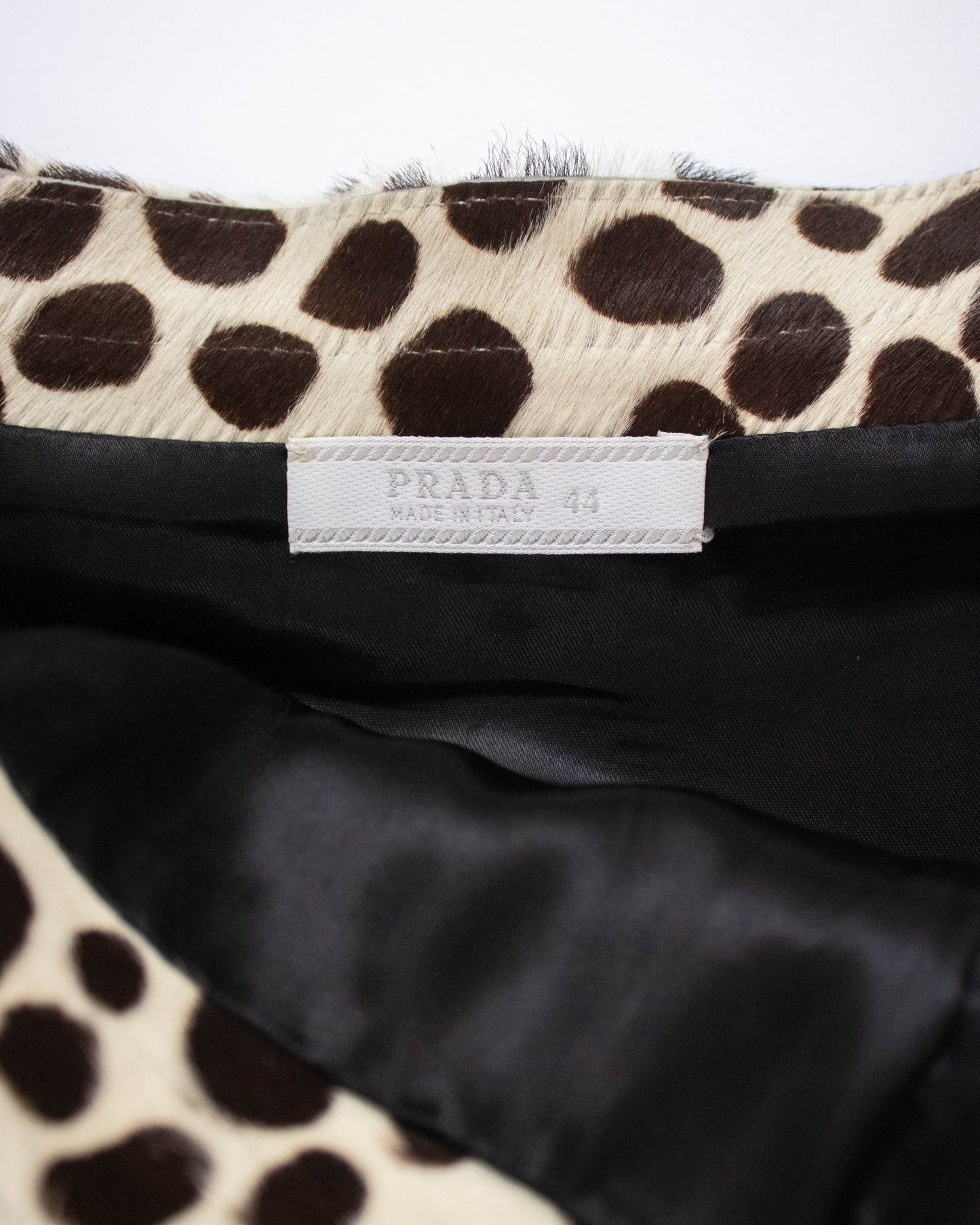 Vintage Prada F/W 1995 dalmatian leaopard print pony hair skirt label view