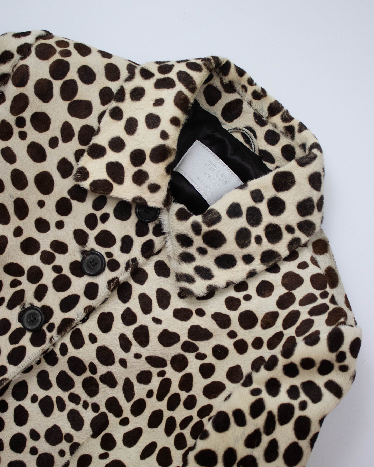 Vintage Prada F/W 1995 dalmatian leopard print jacket flat view label view