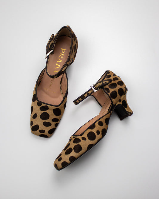 Vintage F/W 1995 Prada Leopard Pony Hair Mary Jane Heels / 35 (US 5)