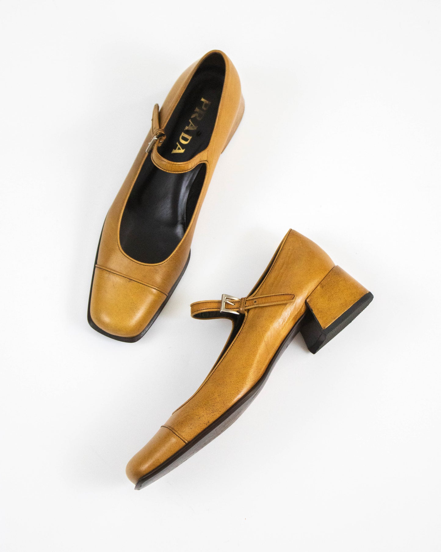 Vintage F/W 1996 Prada Antiqued Leather Mary Jane Heels / 38.5 (US 8.5)
