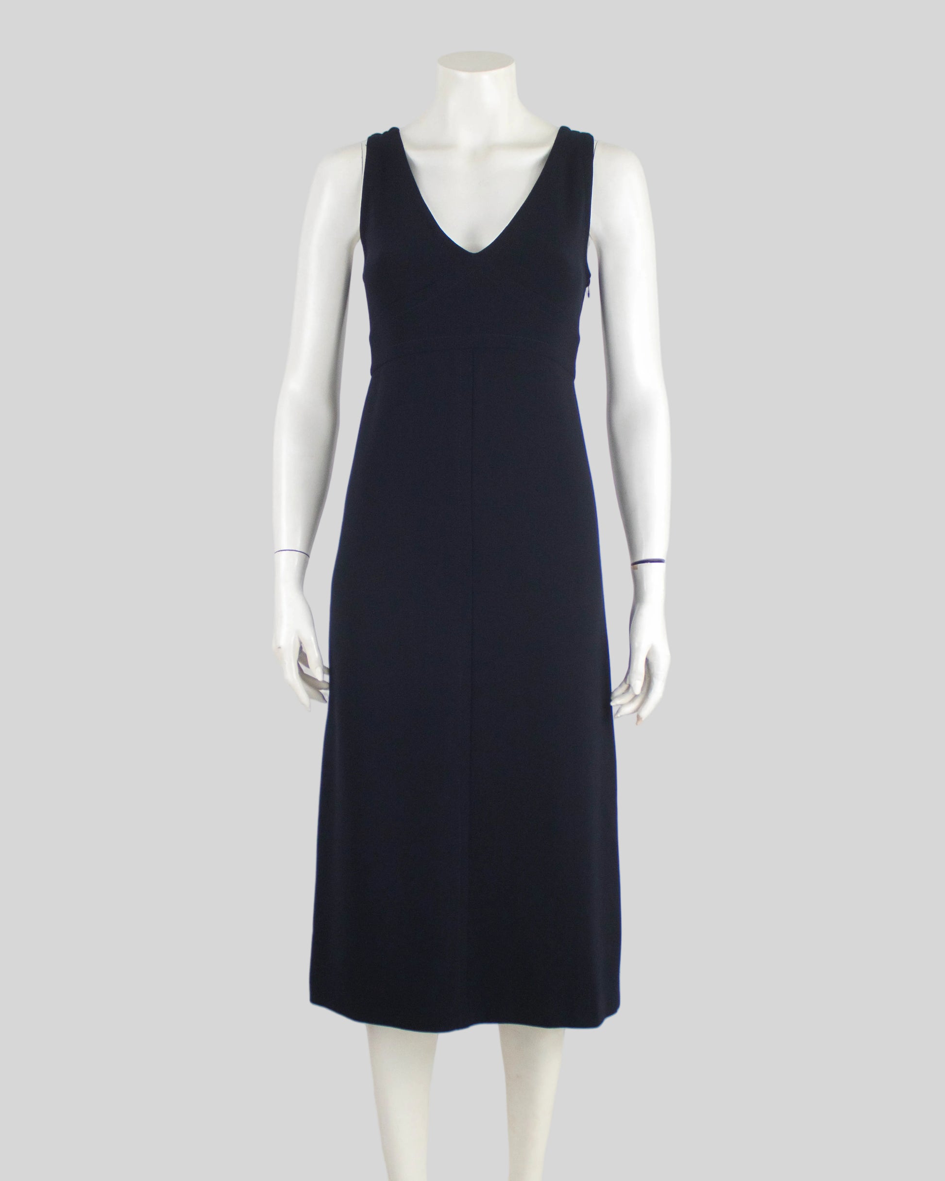 Vintage F/W 1996 Prada Wool Midi Runway Dress on mannequin