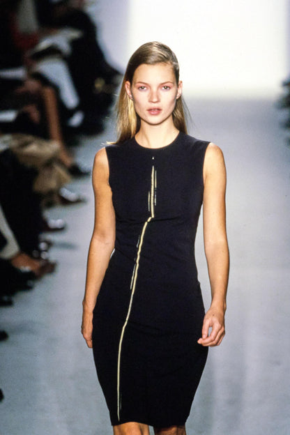 Vintage F/W 1997 Calvin Klein Collection Black Satin Dress Gold Line Detail / XS