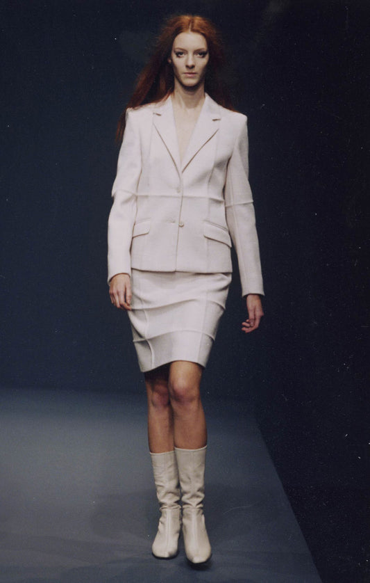 Vintage F/W 1998 Prada Ivory Wool Nylon Creased Top And Skirt Set / IT 40 (XS-S)