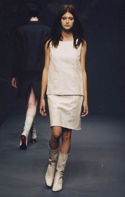 Vintage F/W 1998 Prada Ivory Wool Nylon Creased Top And Skirt Set / IT 40 (XS-S)