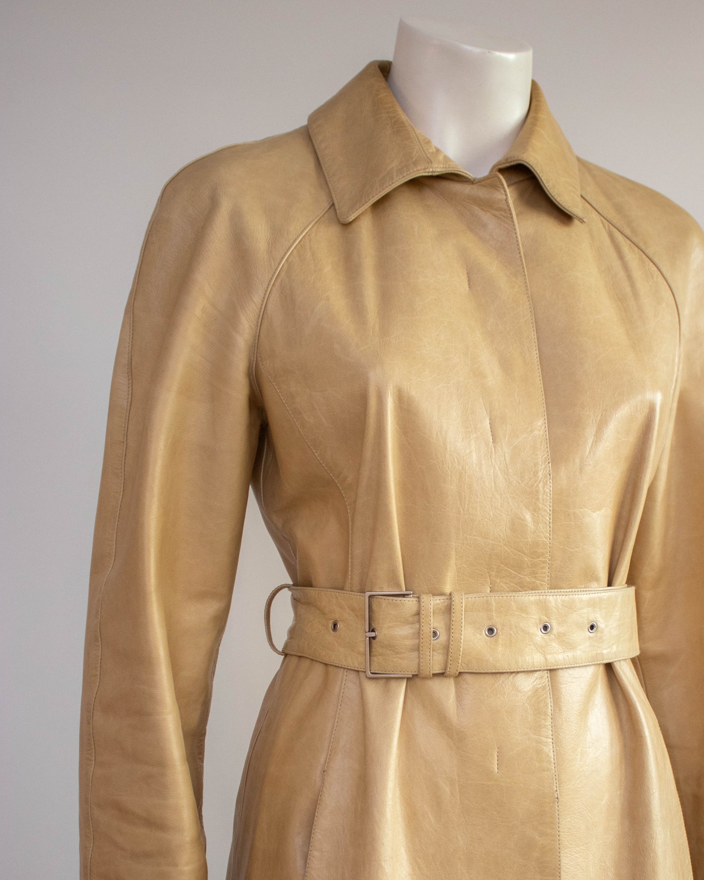 Vintage F/W 1999 Calvin Klein Collection Tan Leather Trench Coat / XS-S