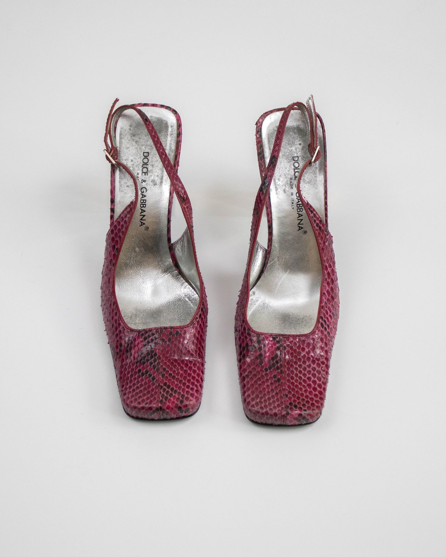 Vintage F/W 1999 Dolce&Gabbana Pink Python Print Slingback Mirror Heels / 38 (US 8)