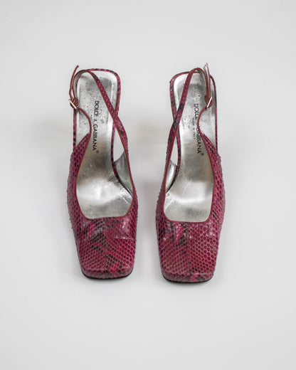 Vintage F/W 1999 Dolce&Gabbana Pink Python Print Slingback Mirror Heels / 38 (US 8)